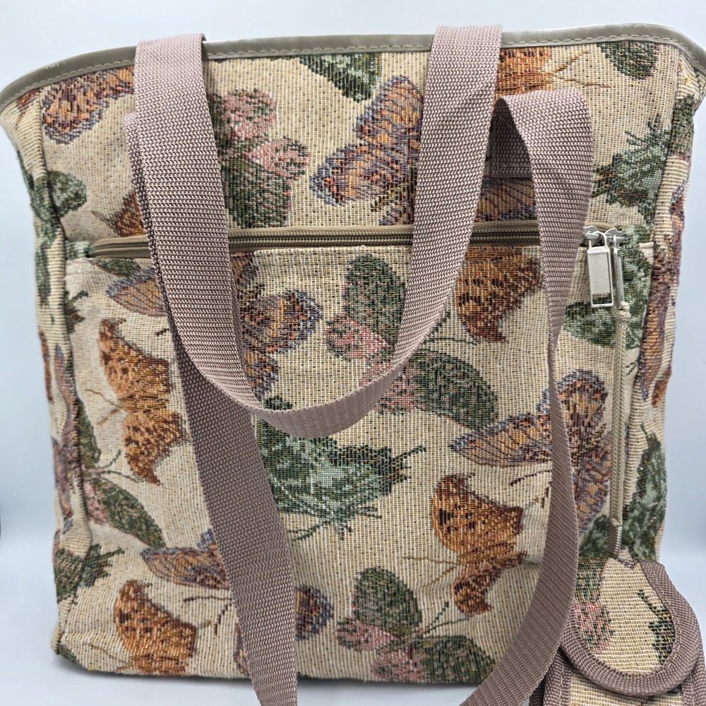Butterflies Tapestry Tote Bag Purse‎ Cotton Top Nylon Double Handles w/Case